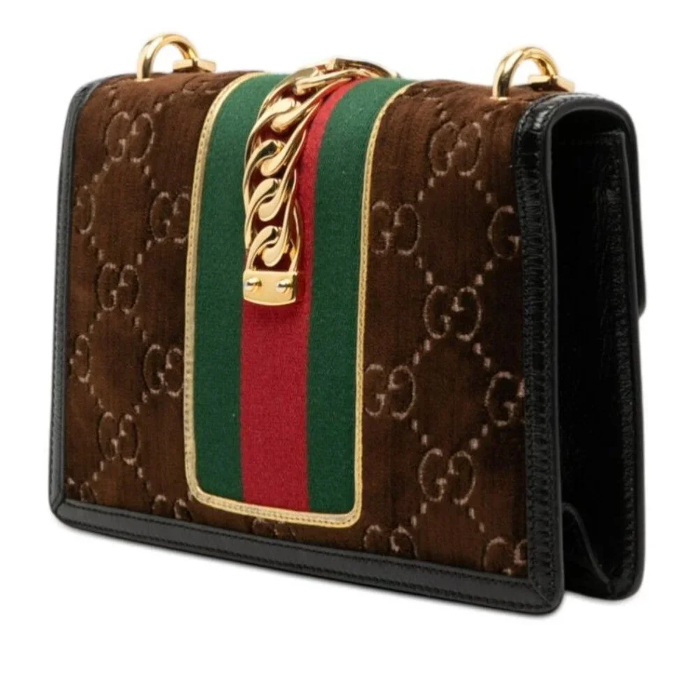 Gucci GG Velvet Sylvie Crossbody Shoulder Bag Brown Black - Picture 2 of 7